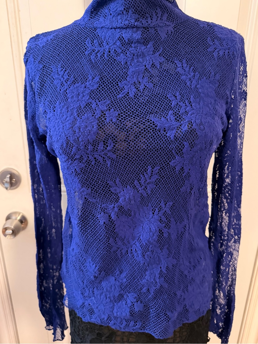 Free People Sheer Royal Blue Sheer Mesh Long-Sleeve Top Large